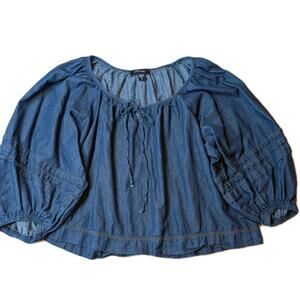 Karen Kane Chambray Peasant Blouse Blue Cotton Tie Neck Balloon Sleeve Women's M